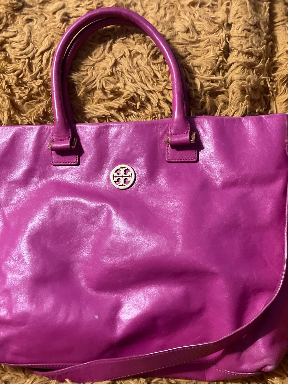 Tory Burch Magenta Leather Tote with Gold Logo